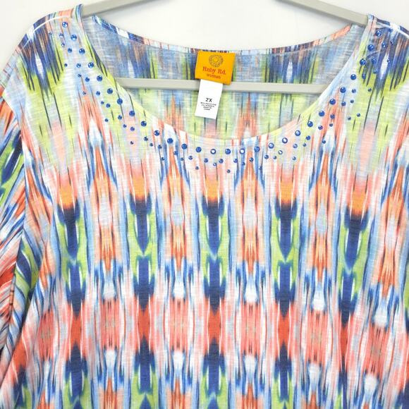 Ruby Rd Tunic Top Women 2X Geometric Beaded Multicolor Handkerchief Hem Pullover - Picture 7 of 9